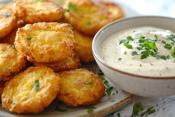 A plate of crispy tater tots served with a side of creamy dip, perfect for snacking or as part of a meal