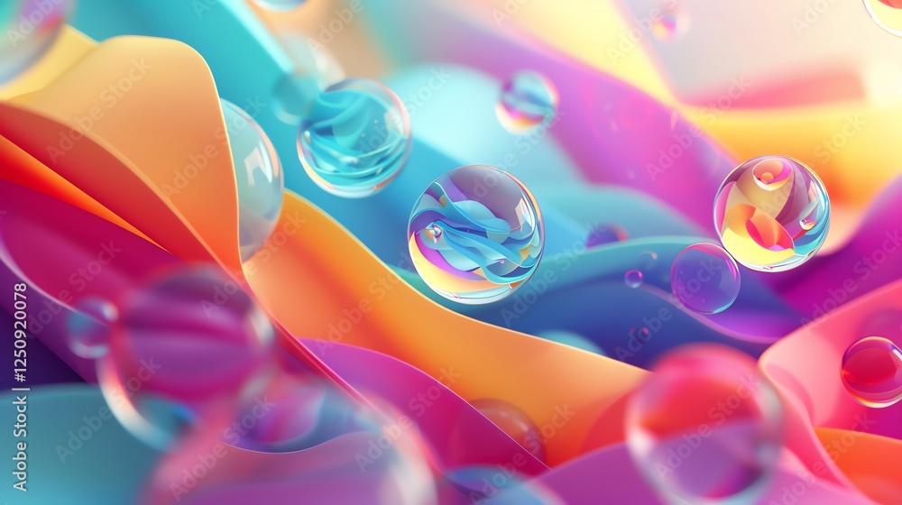 Poster abstract colorful background with 3d spheres and wavy shapes.