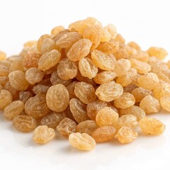 Fresh golden raisins pile on white background for healthy food concept