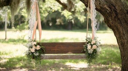 A rustic wooden swing hanging from an old tree, adorned with delicate flowers and lace ribbons.