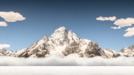 Obraz premium A majestic snow-capped mountain under a clear blue sky and fluffy clouds.