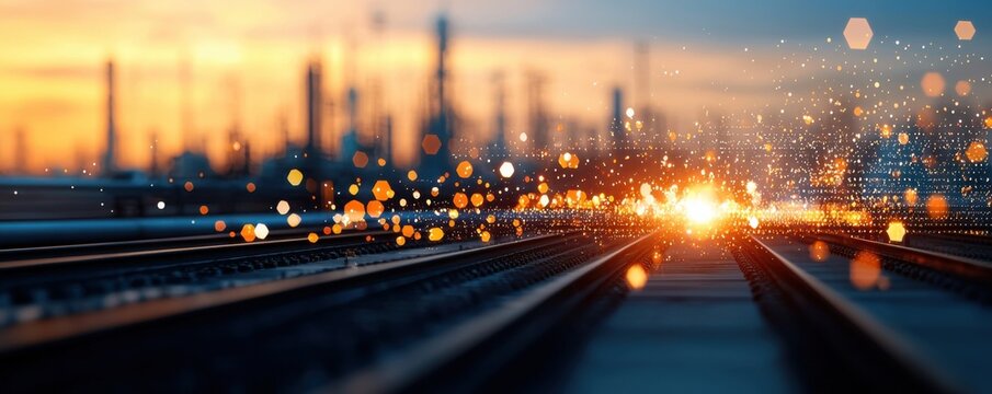 Glowing and dynamic cityscape showcasing the advancements and innovation in energy and data technology within the modern industrial landscape