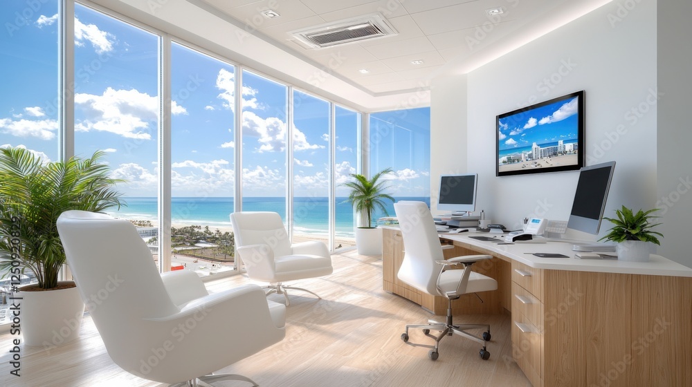Poster futuristic home automation system seamlessly integrated with stunning ocean view workspace providing