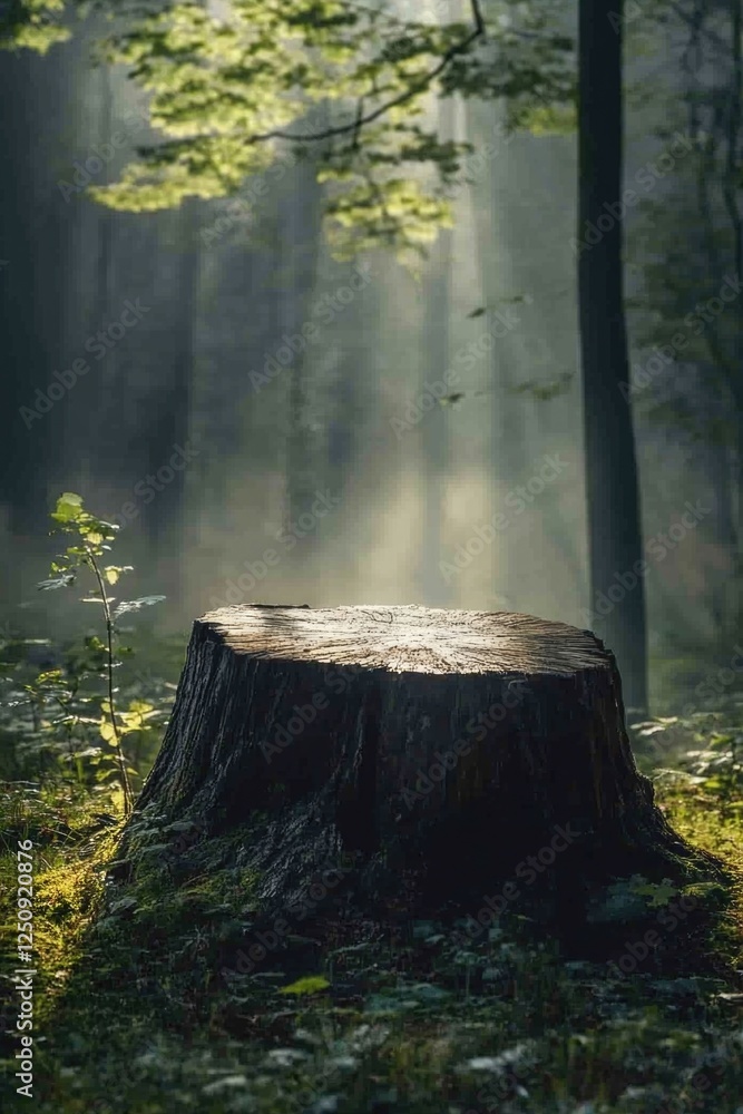 Poster a tree stump stands alone in the midst of a dense forest, surrounded by lush greenery