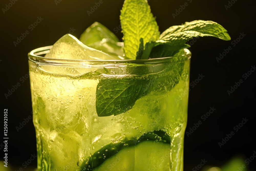 Poster fresh drink with cucumber slices and mint leaves