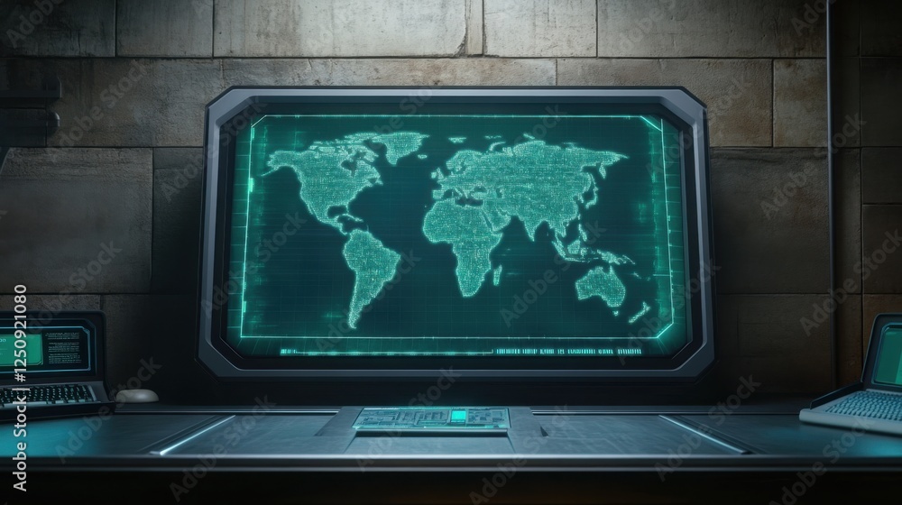 Poster an interactive holographic treasure map projected in a modern digital workspace.