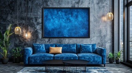 Blue velvet sofa in industrial loft interior.