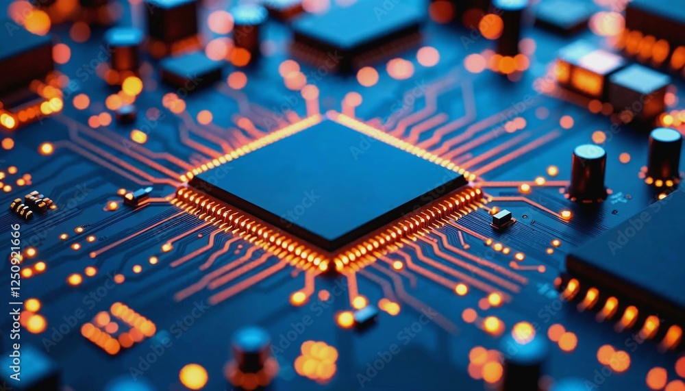 Poster photorealistic computer chip embedded in circuit board illuminated by orange and blue lights