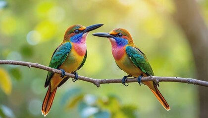 Obraz premium Two colorful birds perched on a twig against a soft-focus natural backdrop