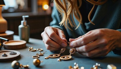 Focused hands assembling ornate earrings in a cozy jewelry workshop