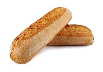Baguette, two loaves crossed on white background. Two baguettes isolated on white background.