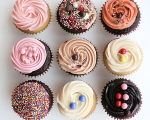 An overhead view of a dozen frosted cupcakes, decorated with swirls, sprinkles, and candies, set against a white background, showcasing their mouthwatering details in HD clarity