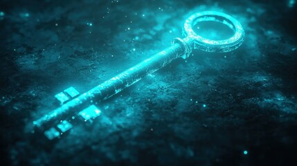 A glowing turquoise neon key in dark void.