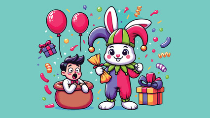 Prankster Bunny, A mischievous bunny character dressed in a jester's outfit, holding a whoopee cushion and standing in front of a surprised character. 