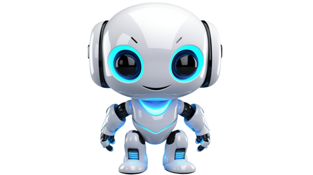 Cute and Friendly Cartoon Robot Character with Bright Blue Lights for Modern Designs and Creative Projects