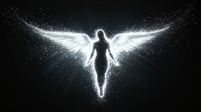 Glowing neon angel silhouette.