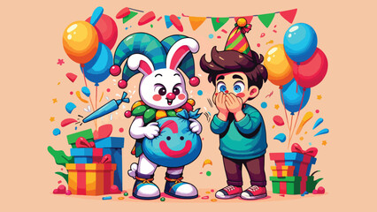 Naklejka premium Prankster Bunny, A mischievous bunny character dressed in a jester's outfit, holding a whoopee cushion and standing in front of a surprised character. 