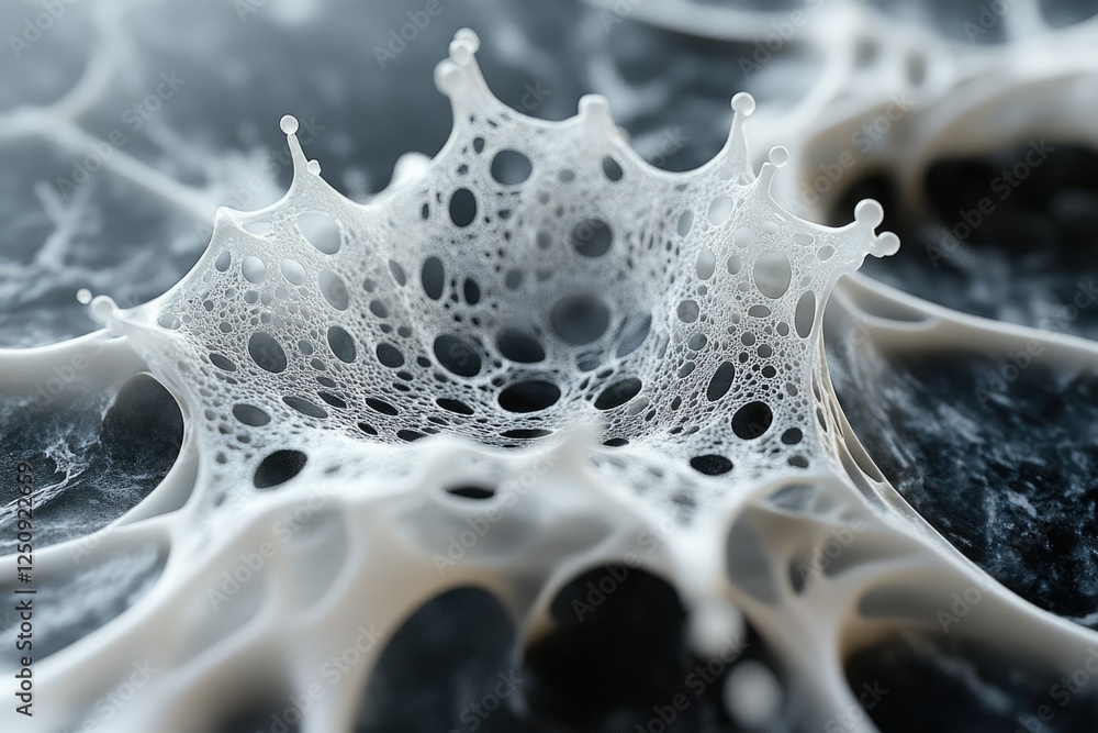 Poster abstract close-up of a white, foam-like substance with intricate, bubbly textures and patterns.