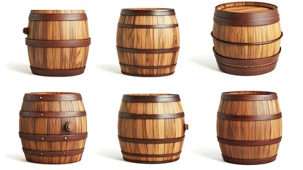 set of wooden oak barrels, isolated on white background