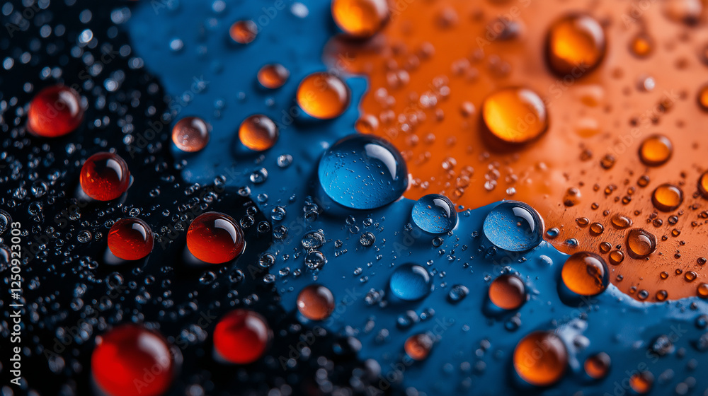 Poster a stunning macro close-up of liquid paint droplets merging into a smooth yet chaotic abstract design