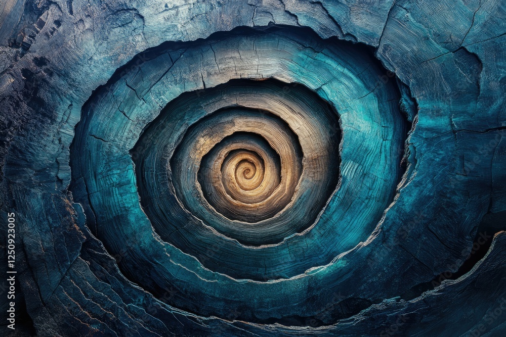 Poster a mesmerizing spiral pattern revealed within the deep teal and brown hues of a cross-sectioned tree 