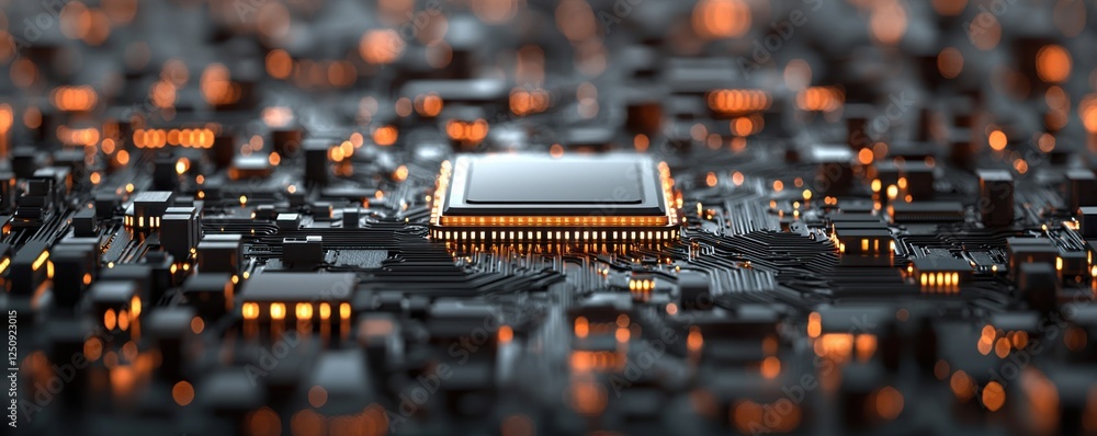 Poster glowing quantum microchip with sustainable elements illuminating a futuristic circuit board high tec