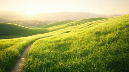 Obraz premium A peaceful grassy hillside at sunrise.