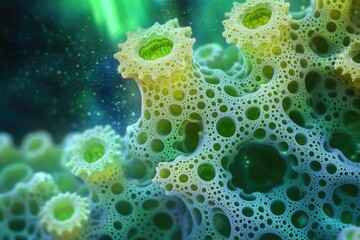 Intricate, bioluminescent coral-like structure with a complex network of interconnected holes and glowing centers.