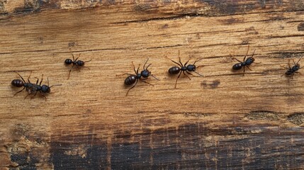 Ants marching on wood; nature background, pest control