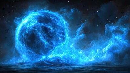 Blue fire orb rising, space, ocean, fantasy art