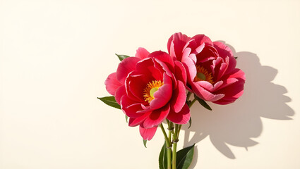 A bouquet of four vibrant red peonies is centrally positioned in the image, with a slight leftward lean.