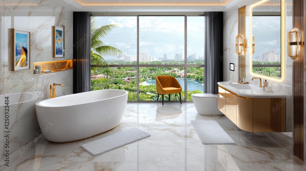 Poster luxurious tech driven bathroom with advanced automation features and a breathtaking tropical landsca