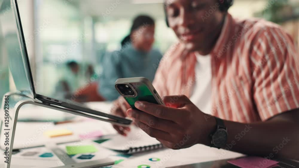 Aufkleber Hand, laptop and phone with black man in call center office for communication or help as virtual assistant. App support, assistance and troubleshooting with customer service agent in workplace