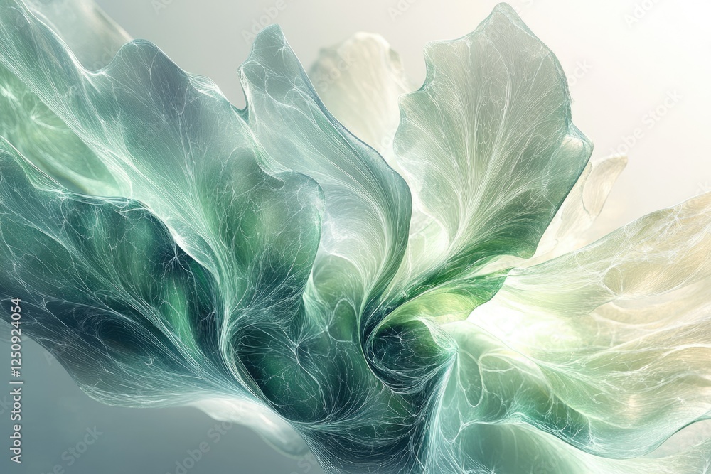 Poster abstract art depicting flowing, translucent fabric with intricate vein-like patterns in calming teal