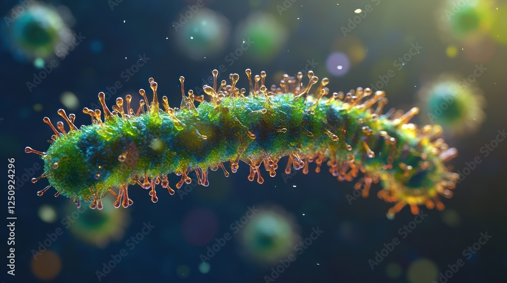Poster microscopic view of a virus with spiky surface.