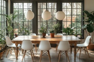 Obraz premium Sunlit Dining Room With Plants And Wooden Table