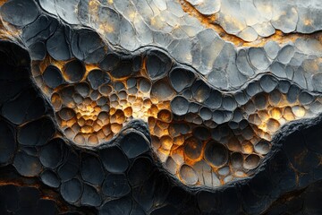 Abstract image of dark gray and golden brown textured stone surface with a unique honeycomb pattern.