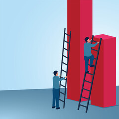 A man climbs a tall ladder to the top while others climb a short ladder. Illustration for privilege, difference and injustice.