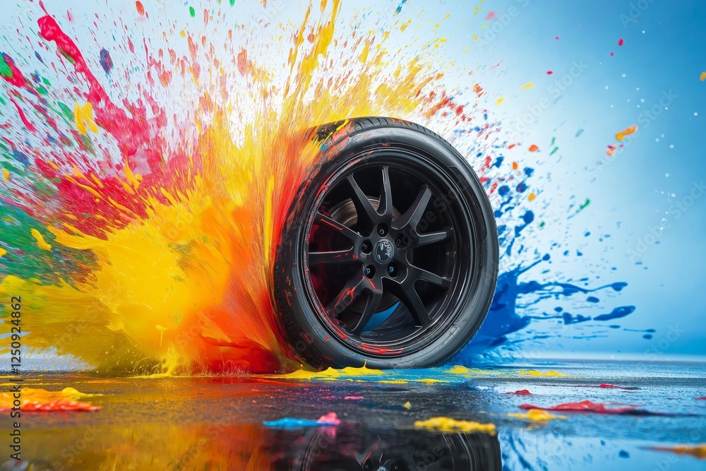 Poster an abstract composition of colorful paint splashes exploding around a car tire.