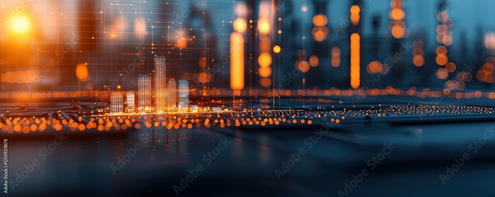 Poster futuristic urban skyline at night illuminated with a mesmerizing display of glowing lights and digit