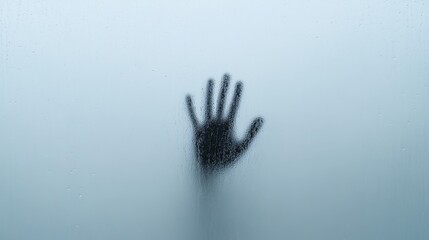 Handprint on foggy window with rain and dark hand seen through glass surface