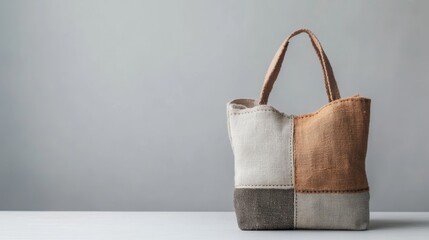 Upcycled designer handbag made from sustainable materials on a table surface