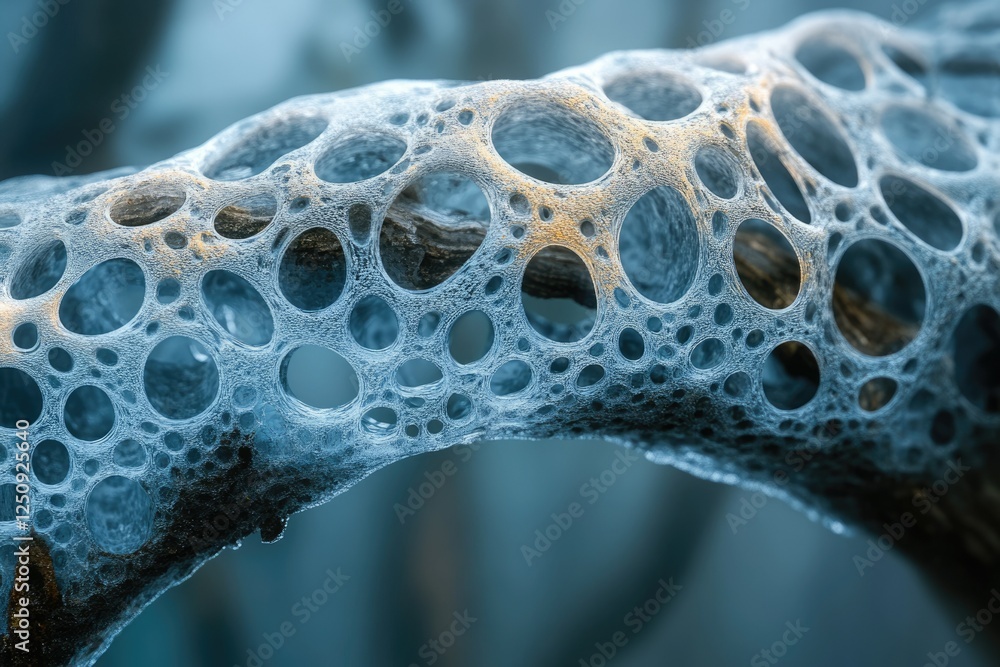 Poster intricate, bubbly texture of a frozen substance clinging to a branch, creating a unique natural abst