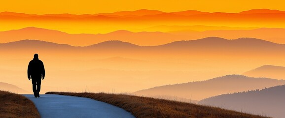 Silhouette of person walking mountain road sunrise