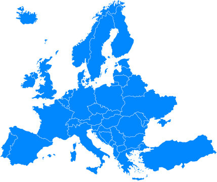 Blue Political Map of Europe with Borders