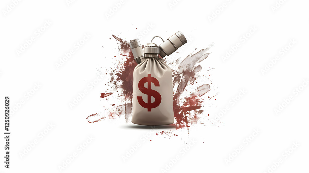 Poster a sack with a dollar sign and dynamite behind it with a splatter effect. for use on websites and med
