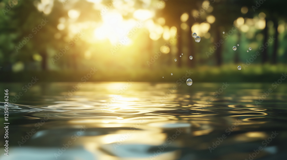 Poster a tranquil water surface with a blurred effect, where sunlight dances on gentle waves, creating a ca