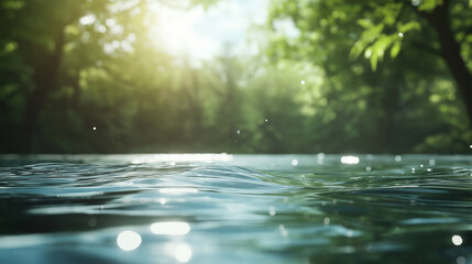 A tranquil water surface with a blurred effect, where sunlight dances on gentle waves, creating a calming ambiance for design elements and marketing visuals.