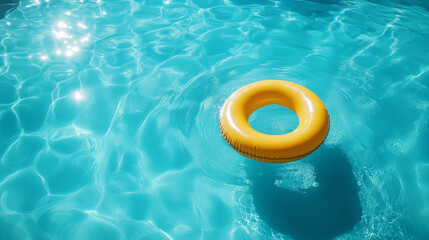 Yellow Inflatable Ring Floating on Clear Blue Swimming Pool Water