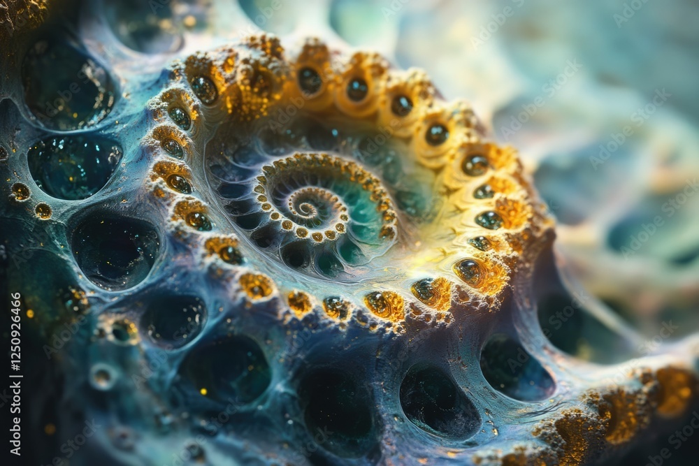 Poster abstract fractal art depicting a mesmerizing golden and teal spiral structure with intricate details